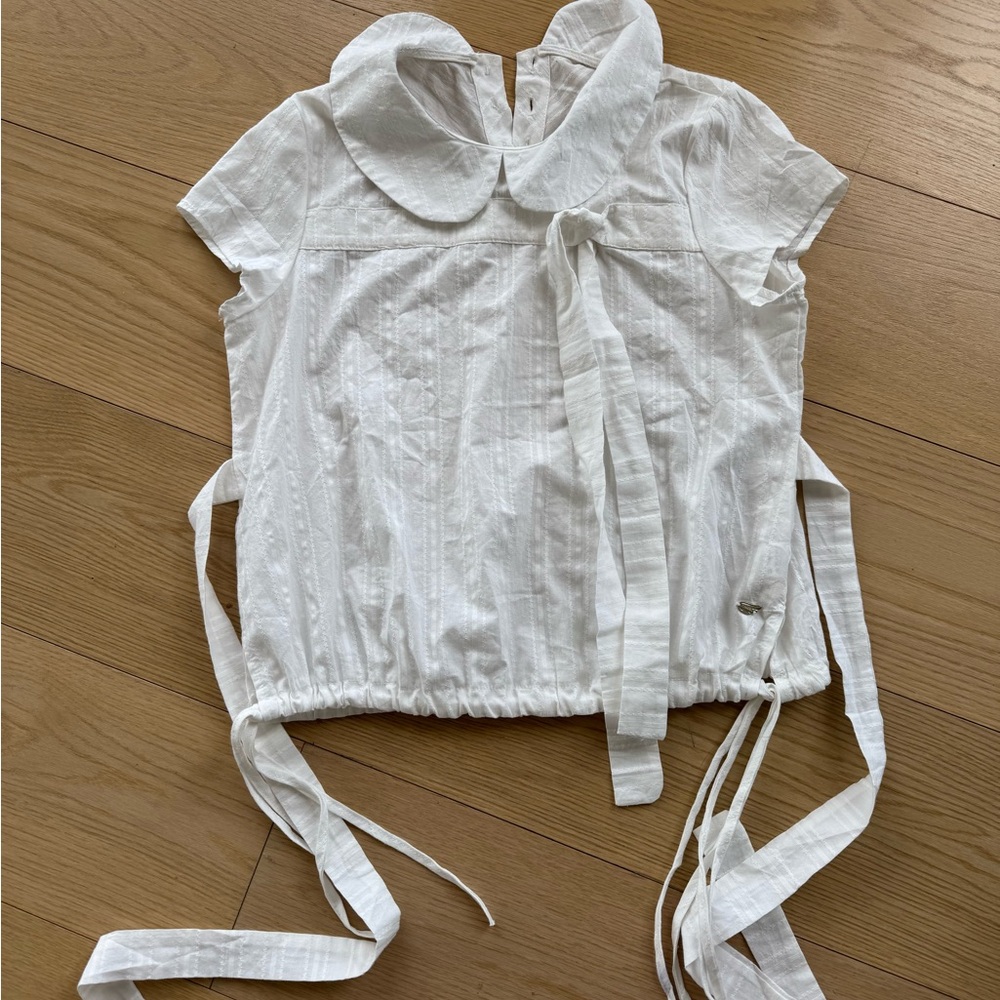 White Eyelet Tie-Waist Short Sleeve Blouse